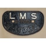 A railway wagon plate for LMS 12 Tons, 749334, of flattened oval form, 27.