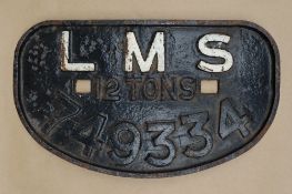 A railway wagon plate for LMS 12 Tons, 749334, of flattened oval form, 27.