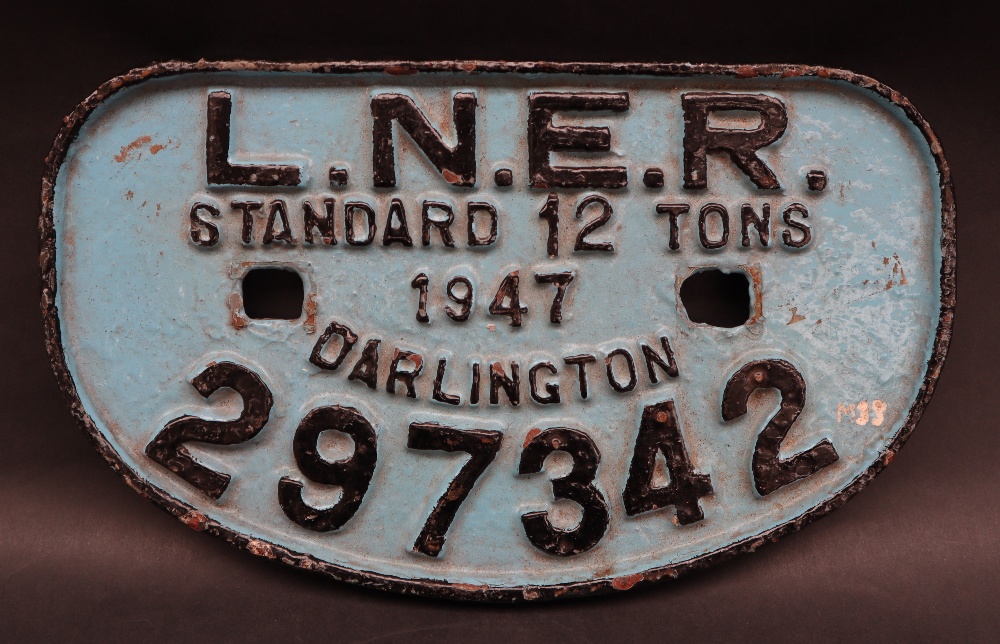 A railway wagon plate for LNER standard 12 Tons, 1947, Darlington, 297342, of flattened oval form, - Image 2 of 4