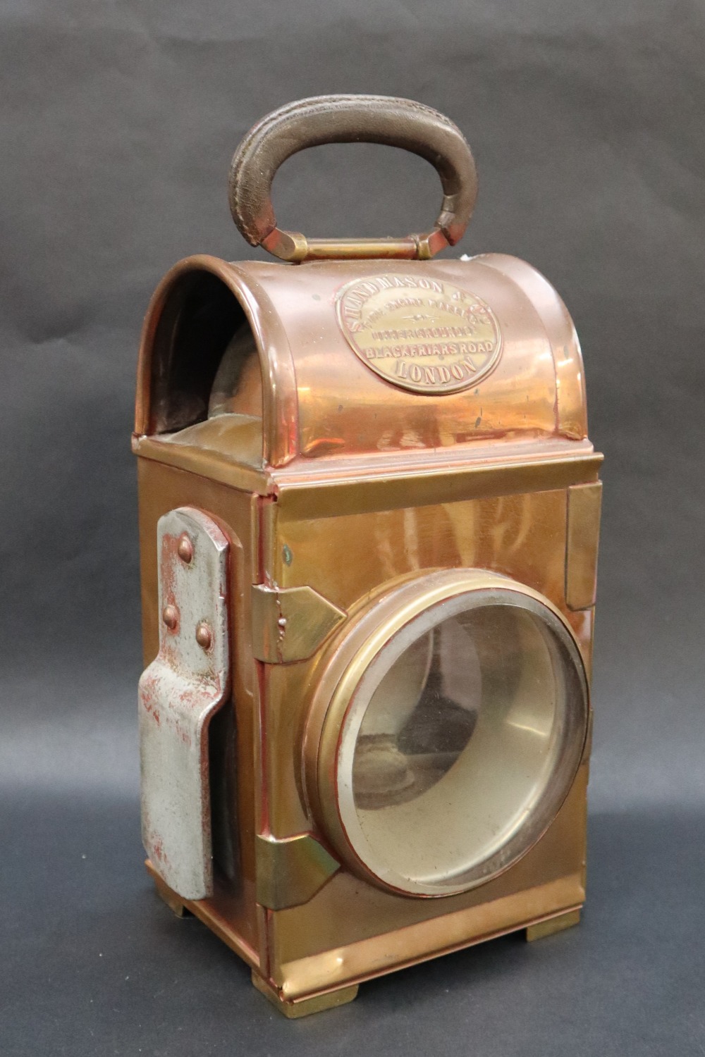 A Shand Mason & Co copper fire engine lamps of rectangular form with a leather covered oval folding - Image 2 of 9