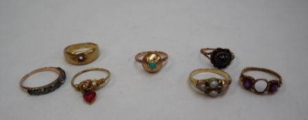 A Victorian yellow metal ring set with a turquoise together with a collection of gem set yellow