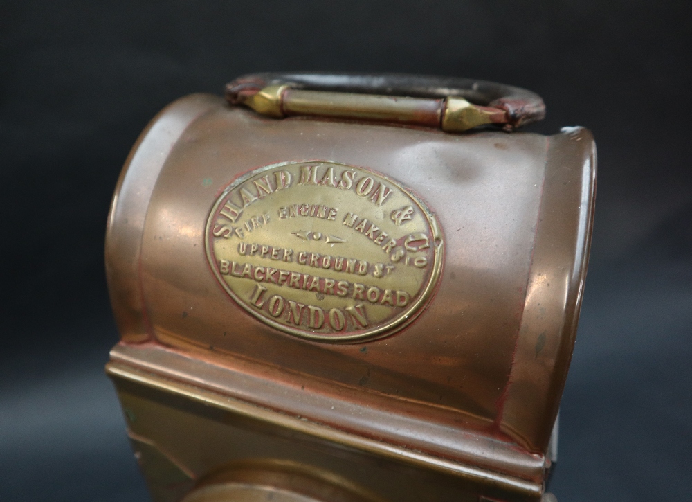 A Shand Mason & Co copper fire engine lamps of rectangular form with a leather covered oval folding - Image 8 of 9