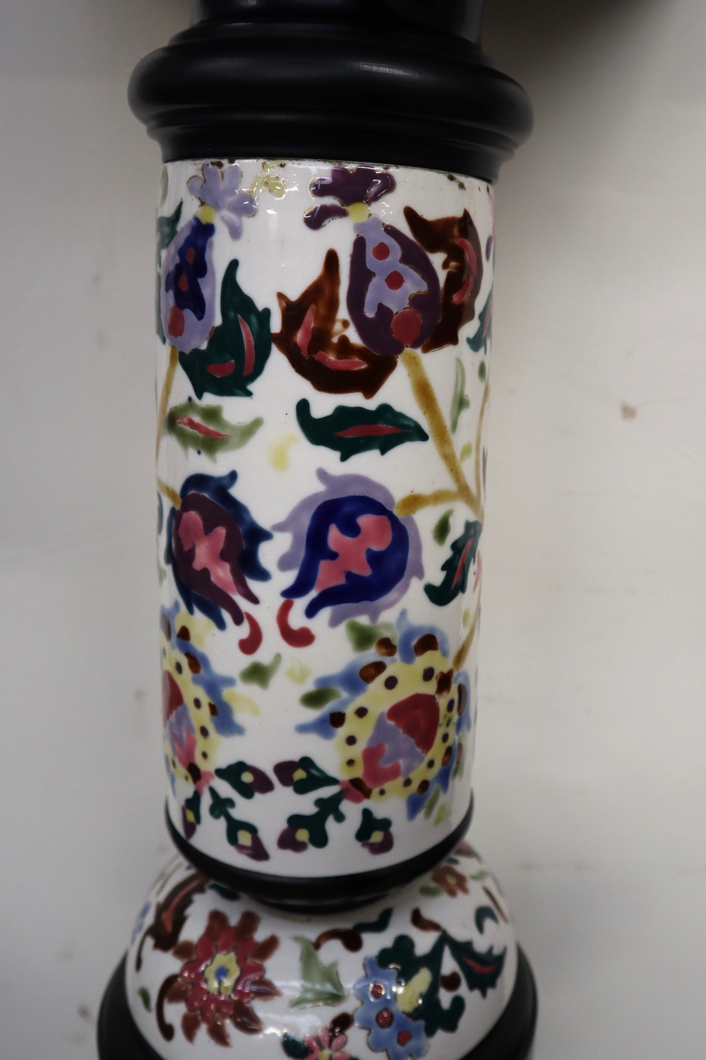 A Zsolnay Pecs pottery and ebonised jardiniere stand with a square top above a floral decorated - Image 3 of 5