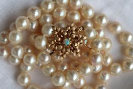 A pearl necklace set with sixty two large regular pearls to a 14ct yellow gold opal set clasp,