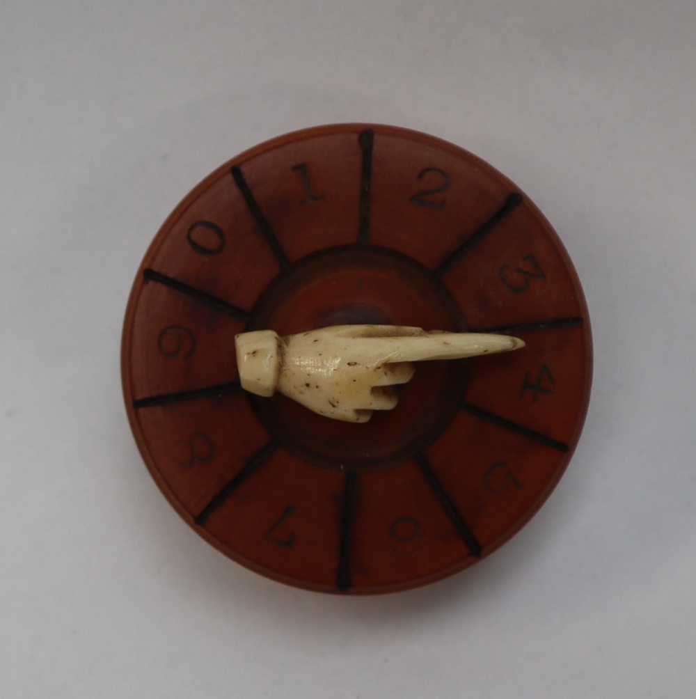 A whist marker of circular form with a bone hand pointer together with bone dice, penknife, - Image 5 of 6