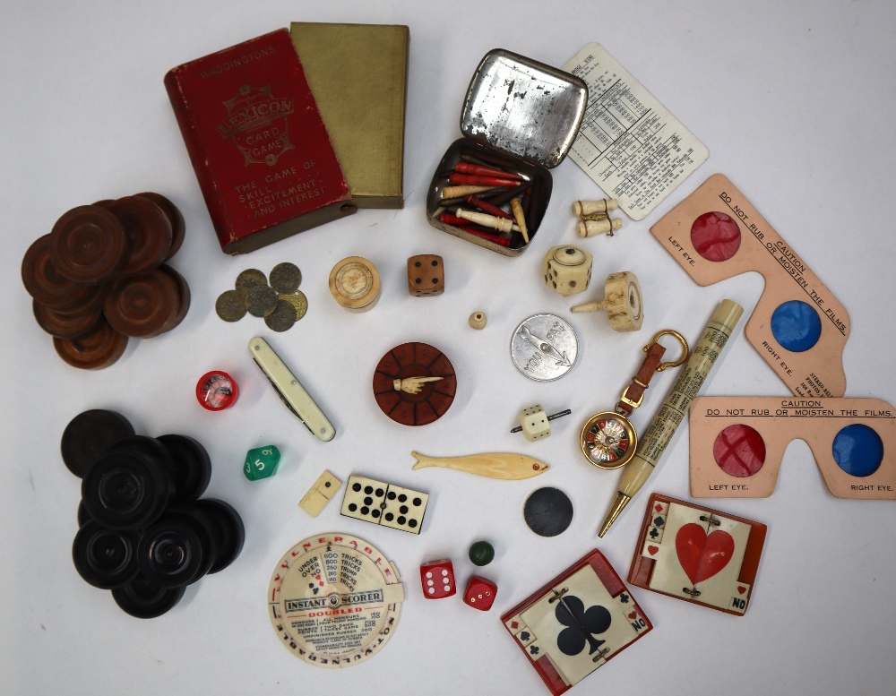 A whist marker of circular form with a bone hand pointer together with bone dice, penknife, - Image 2 of 6