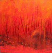 John Barker Abstract in reds and oranges Oil on canvas Signed 90 x 90cm **Artist resale rights may