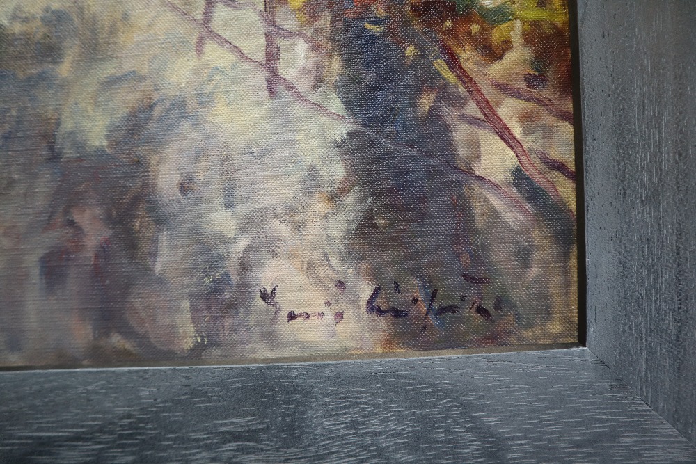 David Griffiths, R.C.A Strollers, Roath Lake Oil on board Signed 49. - Image 3 of 5