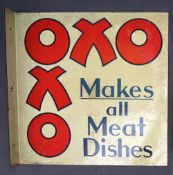 A tin plate "OXO cube" double sided advertising sign, 34.5 x 34.