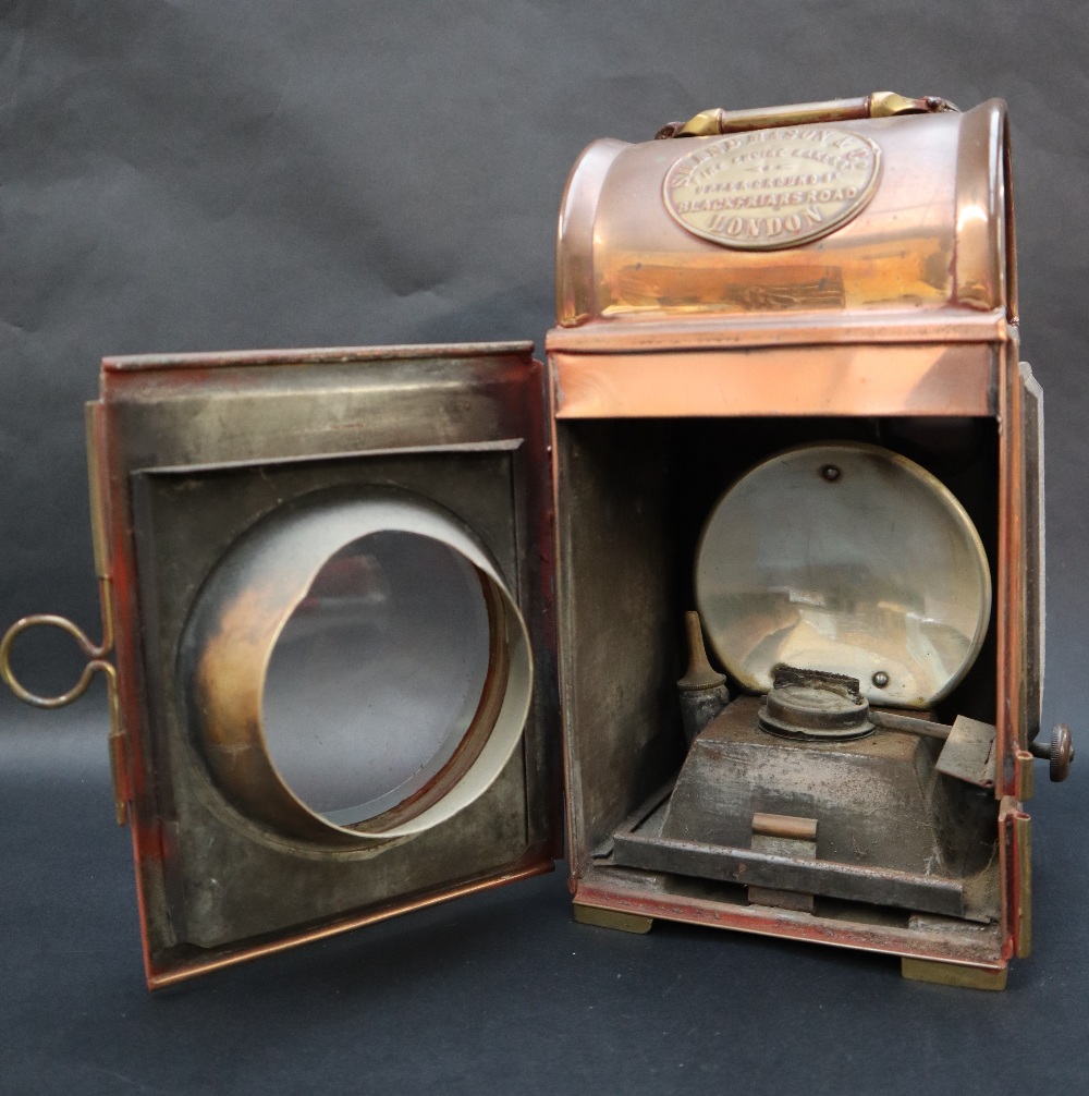 A Shand Mason & Co copper fire engine lamps of rectangular form with a leather covered oval folding - Image 4 of 9