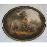 A 19th century Pontypool toleware japanned twin handled gallery tray of oval form painted to the