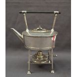 A Christopher Dresser style electroplated spirit kettle on stand,