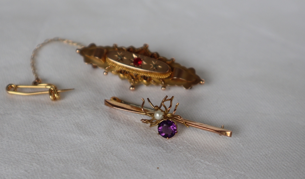 A 9ct gold mourning bar brooch set with a central ruby and two diamonds together with a 9ct gold - Image 2 of 5