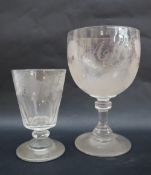 A large 19th century glass, the bowl engraved with leaves and hops initialled AH,