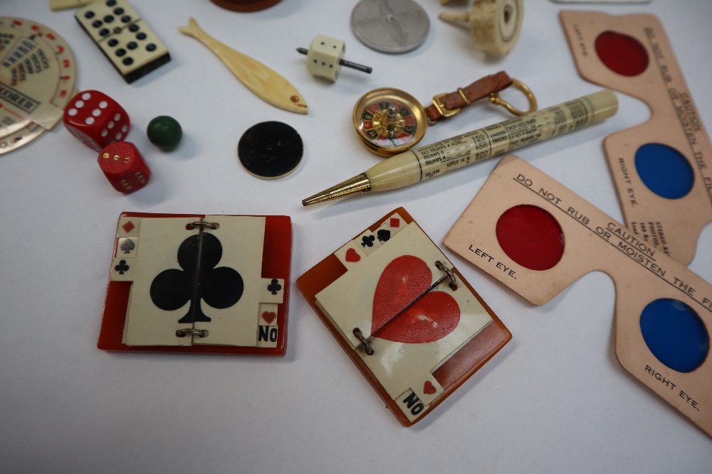 A whist marker of circular form with a bone hand pointer together with bone dice, penknife, - Image 4 of 6