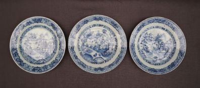 A matched set of three 18th century Chinese porcelain blue and white willow pattern plates,