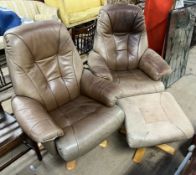 A pair of brown leather swivel chairs together with a matching foot stool