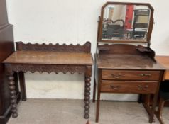 A mahogany dressing table together with an oak side table on bobbin turned legs