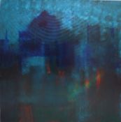 John Barker City skyline in blues Oil on Canvas Signed and dated '02 101.5 x 101.