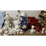 A Royal Albert Moss Rose pattern part tea and dinner service together with pottery jugs,