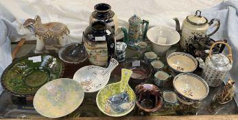 A pair of Japanese satsuma pottery vases together with a Ewenny basket, a faience coffee set,