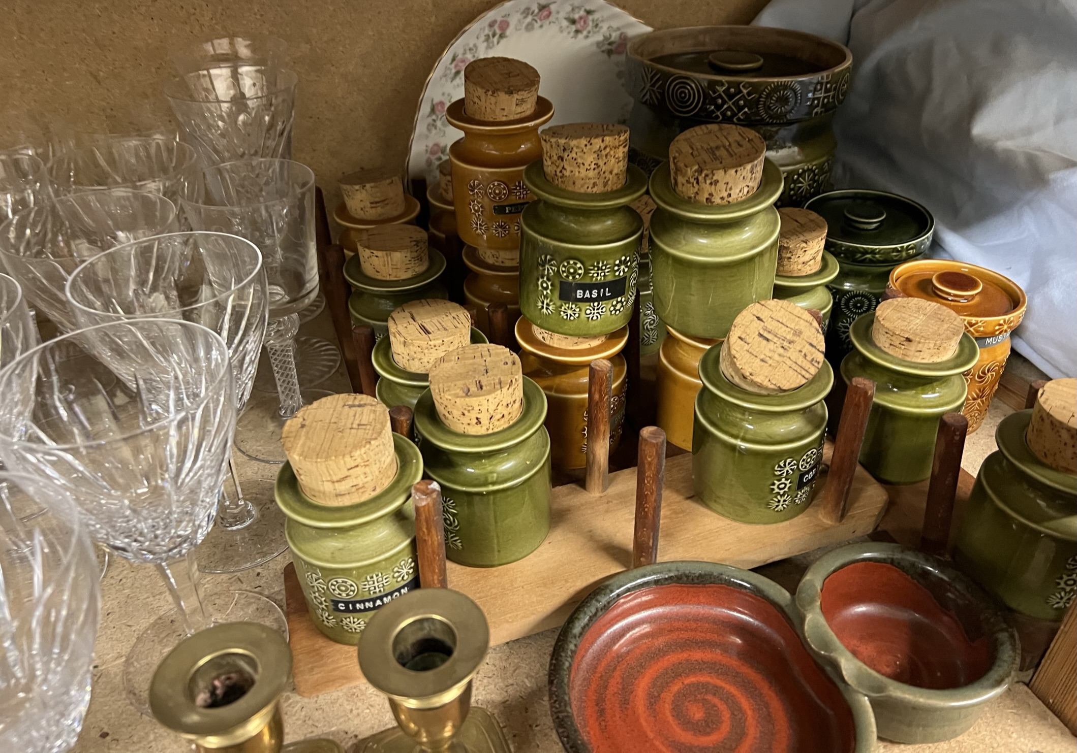 Portmeirion potteryt storage jars together with brass candlesticks, wine and champagne glasses, - Image 4 of 4