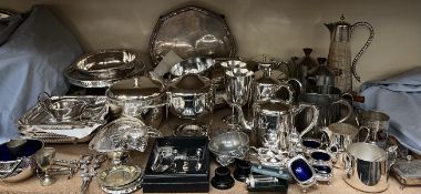 An electroplated salver together with an electroplated part tea set, electroplated dishes,