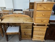 A pine dressing table together with a dressing table stool, easel mirror,