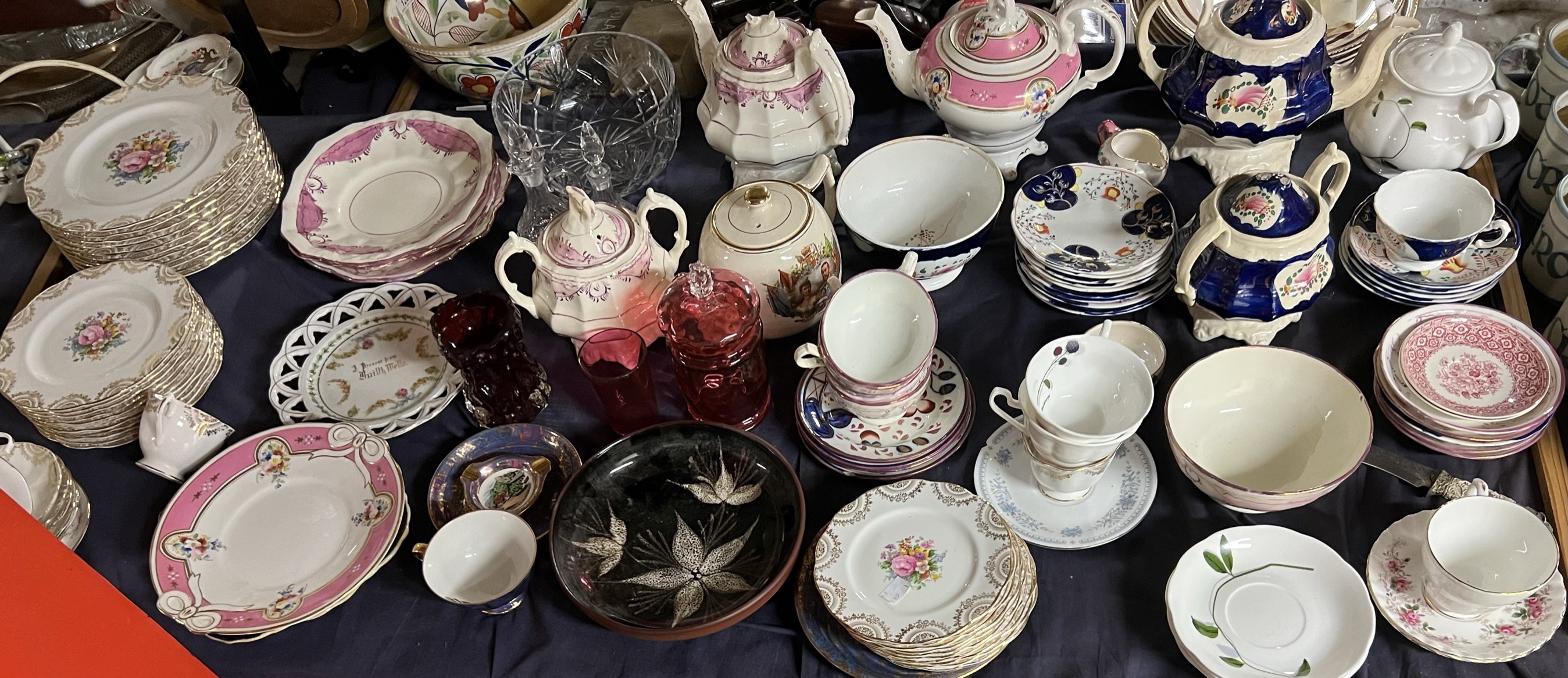 A Gaudy Welsh part tea service together with other Victorian part tea services, glass bowl,