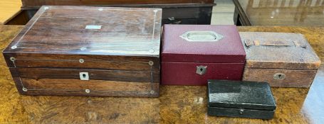 A Victorian rosewood mother of pearl inlaid jewellery box together with three leather jewellery