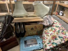 A floral patterned quilt, together with two handbags, pine box,