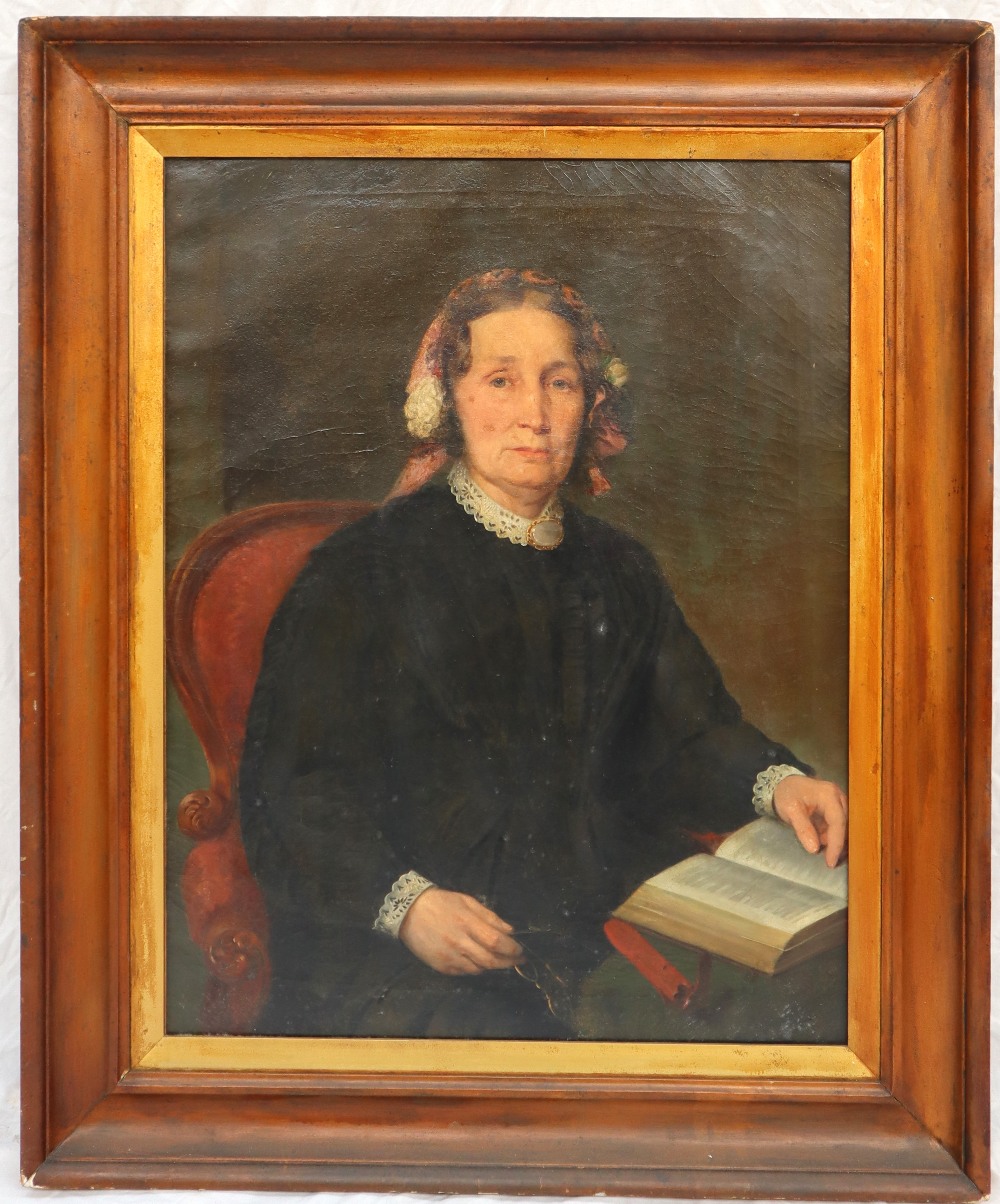 19th century British School Head and shoulders portrait of a lady seated reading Oil on canvas 89 x - Image 2 of 9