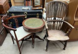 A Windsor chair with a vase splat and spindles above a solid seat and crinoline stretcher together