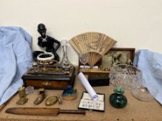 A walnut and brass desk standish together with a turned mahogany paddle, tobacco twist box,