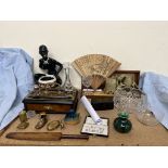 A walnut and brass desk standish together with a turned mahogany paddle, tobacco twist box,