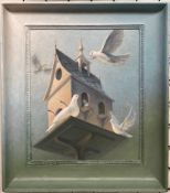 20th century Doves in a dove cote Oil on board 44.5 x 36.