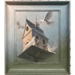 20th century Doves in a dove cote Oil on board 44.5 x 36.