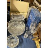 Royal Doulton crystal champagne glasses together with a Waterford glass dish,
