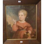 19th century British School Head and shoulders portrait of a young child holding a tankard Oil on