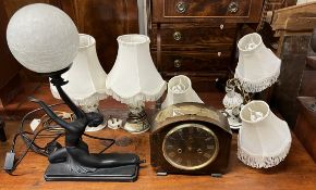 An Art Deco style table lamp together with a chandelier,