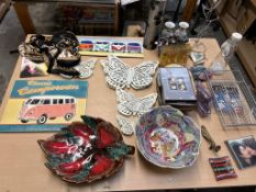 A pottery classic camper van panels, together with a pottery leaf dish, Chinese bowl, butterflies,