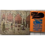 A large batik of a village scene signed S Kimera together with a Cat poster