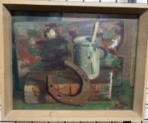 Ferdinand Cirel Still life study of a horseshoe and book etc Oil on board Signed 36cm x 29cm