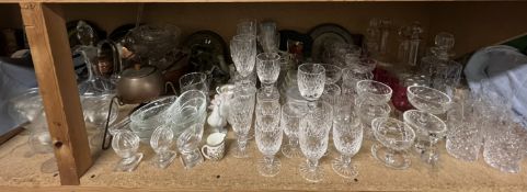 Assorted decanters together with crystal glasses, cranberry glasses, pedestal bowls, copper pans,