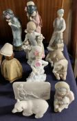 Lladro Japanese girls together with other Lladro figures including a pony, a polar bear,