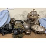 An electroplated samovar together with a meat dome, gas mask, copper pans,