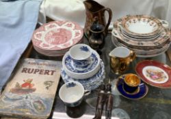 The Adventurers of Rupert, annual together with copper lustre, pottery plates,