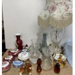 A cut glass table lamp together with other glasswares, Limoges porcelain boxes and covers,