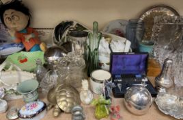 A large lot comprising glass decanters, drinking glasses, stoneware storage jar, brass door knobs,