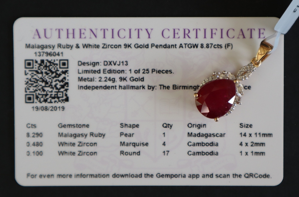 Gemporia - A 9ct gold ruby and white zircon pendant, - Image 5 of 5